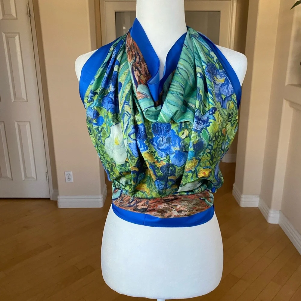 Vibrant Blue 100% Silk Floral Wrap Sarong Scarf Wall Art